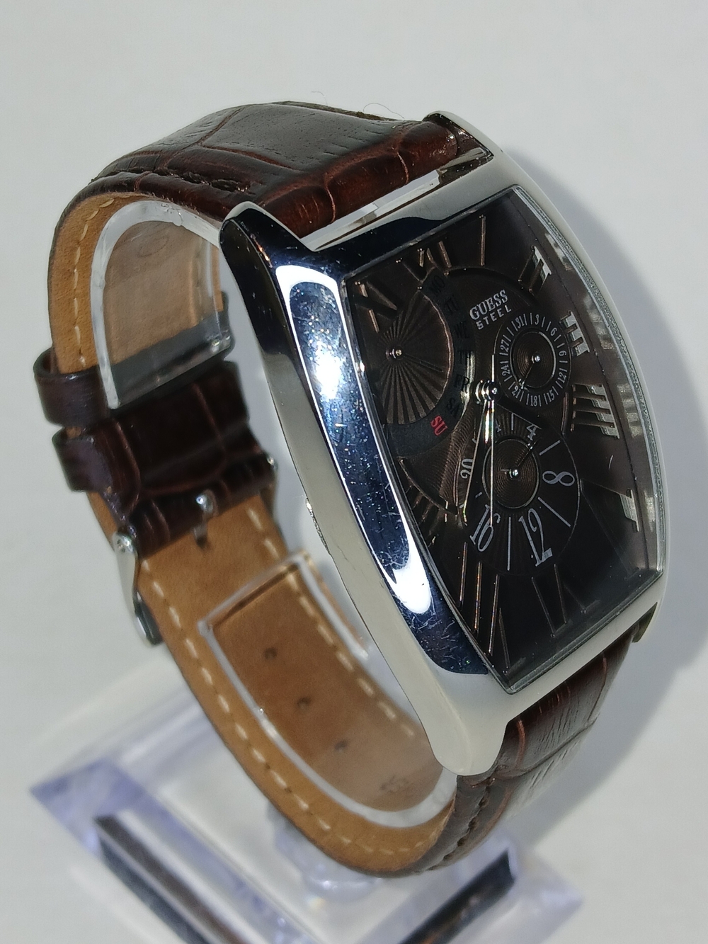 ​GUESS Steel Watch G12550G Tonneau Case Brown Dial Orig Brown Leather Strap
